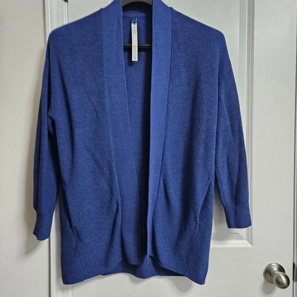 Lululemon Ribbed Long Wrap Cardigan Women 4 Blue‎ Merino Wool Blend Open Pocket